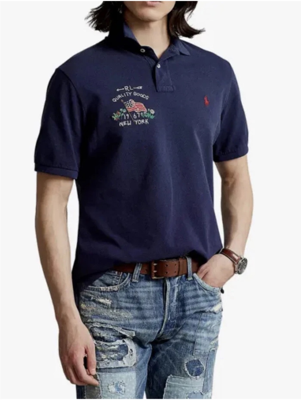 POLO RALPH LAUREN Navy Classic Fit US Flag Embroidery Mesh Polo Shirt New York